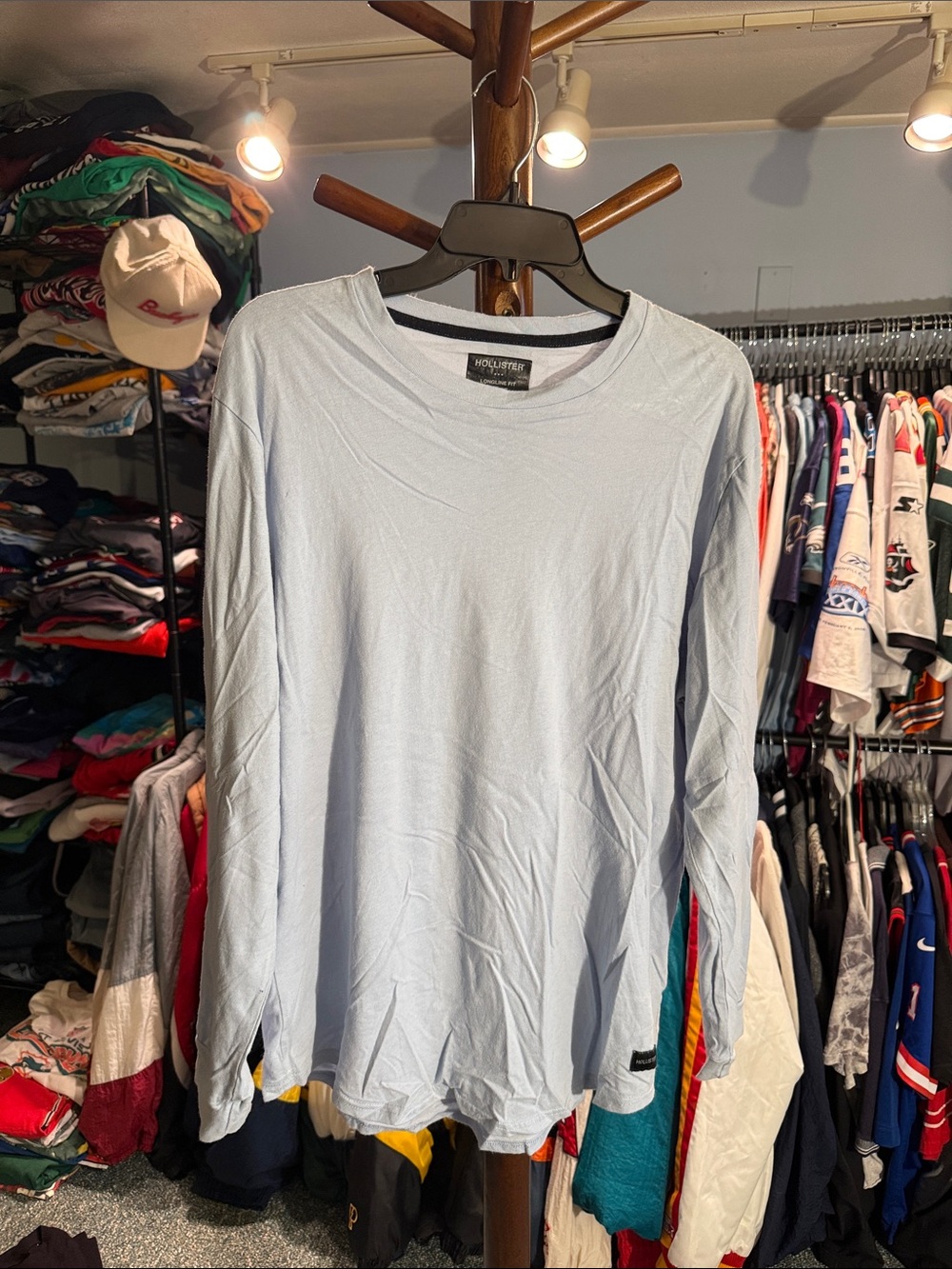 Hollister Men's Pale Blue Long Sleeve Crew Tee